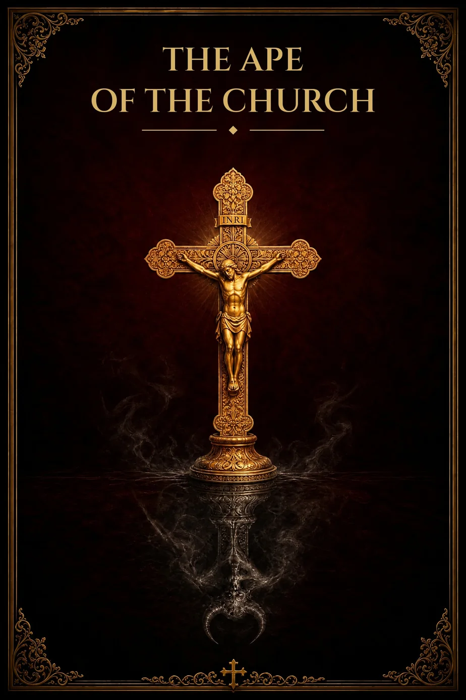 A golden crucifix whose reflection dissolves into smoke